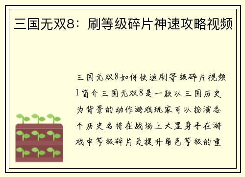 三国无双8：刷等级碎片神速攻略视频